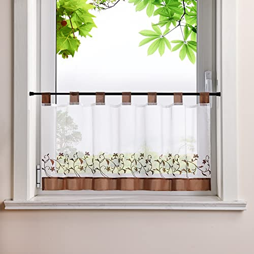 HeichkelL Voile Scheibengardine Ranken Stickerei Kurzstores mit farblichen Schlaufen Küchengardine Fenstervorhang Bestickt Kaffee HöhexBreite 45x120 cm