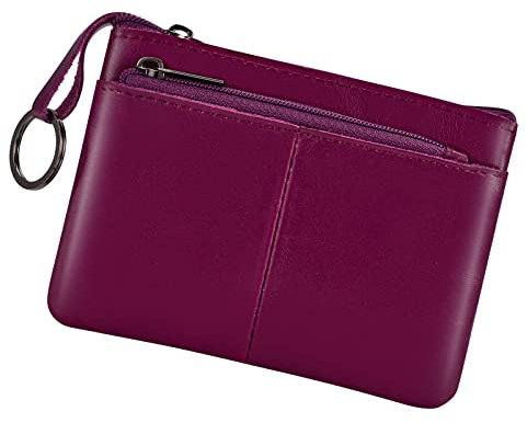 Münzgeldbörse aus echtem Leder, dreifacher Reißverschluss, Kartenhalter mit Schlüsselring, violett, Münztasche