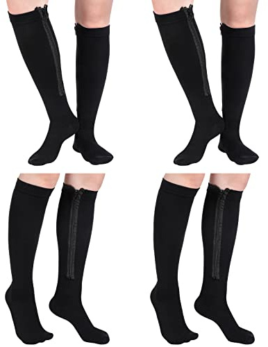 Tarpop 4 Pair Zipper Compression Socks Closed Toe 20-30 Mmhg Calf Knee High Compression Stocking for Men Women Swelling Edema(Large / X-Large,Black)