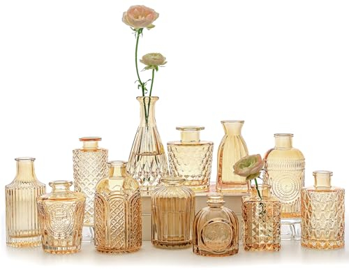 SUPMIND Set di 12 vasi in vetro, piccoli vasi per fiori color ambra, per centrotavola, mini vasi vintage per matrimoni, casa, decorazione da tavolo