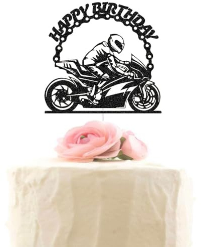 Motorcycle Happy Birthday Cake Topper, Motorbike Cake Decor for Boys Girls Men Women Birthday Party Decorations, Motorcycle Rider Birthday Party Cake Pick, Black Glitter