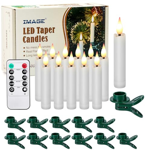 IMAGE 12Pcs LED Taper Candles Light Set Flameless 3D Wick Ivory Candles with Clip-on Christmas Tree Design, 10-Key Remote with Timer, Warm White Light, Battery Operated for Versatile Decoration