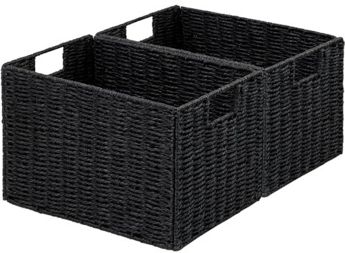 Vagusicc Wicker Storage Basket, Set of 2 Hand-Woven Paper Rope Wicker Basket, Small Storage Baskets for Organizing Toilet Paper Basket, Foldable Large Cube Storage Organizer Bins for Shelves (Black)
