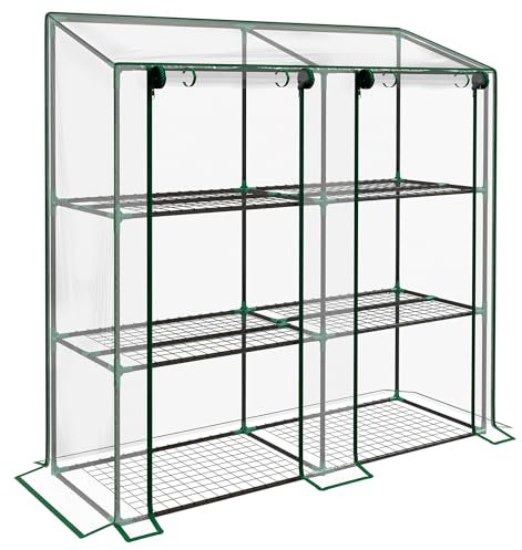 Outsunny 3 Tier Lean-to Mini Greenhouse with Reinforced Plastic Cover, Portable Indoor Outdoor Green House with 2 Roll-up Doors and 6 Wire Shelves, 151H x 143W x 46Dcm, Clear