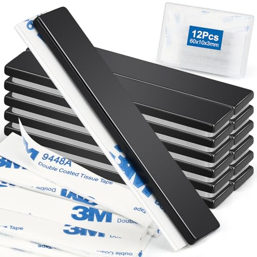 Wzone Lot de 12 aimants adhésifs en néodyme puissants - 60 × 10 × 3 mm - Noir - Pour bureaux, planches en bois et murs