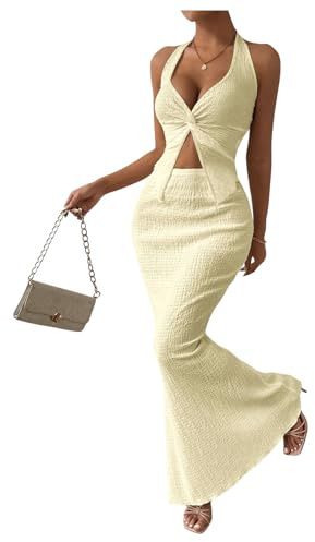 SOLY HUX Women's Two Piece Outfits Twist Front Halter Cami Tops and Skirt Summer Set Pure Apricot Medium