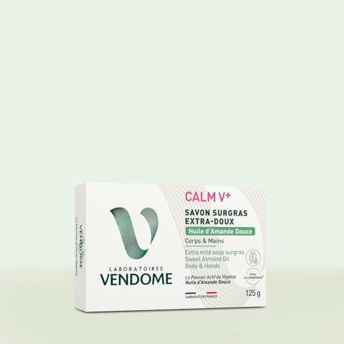 LABORATOIRES VENDÔME - CALM V+ - Savon Surgras Extra-Doux Amande Douce - Nettoie & Laisse la Peau Douce - Formule Hypoallergénique - Enrichi en Huile d'Olive - Tous Types de Peaux - 125g