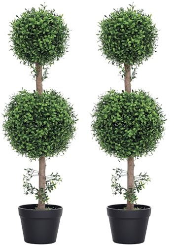 HOMCOM Artificial Plants Topiary Ball-Shaped Boxwood Trees in Pot Set of 2 Fake Plants for Home Indoor Outdoor Front Porch Decor, 36 Inch, Green
