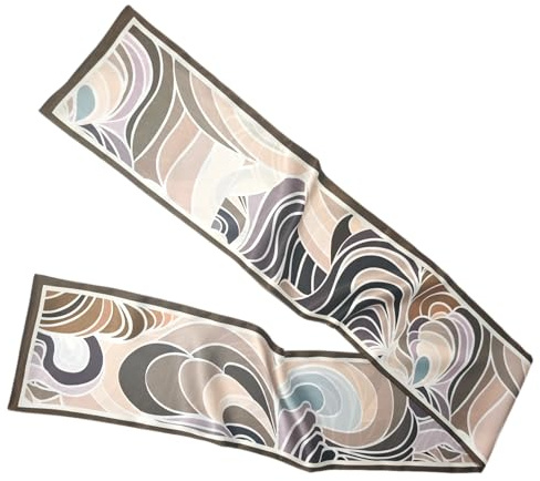 GIMIRO Satin Seidenschal Doppelschichten 150 x 16cm Eleganter Schal Abstrakt Geometrisches Muster Beige und Grau Luxuriöse Accessoire mit Kontrasteinfassung (Brown Purple)