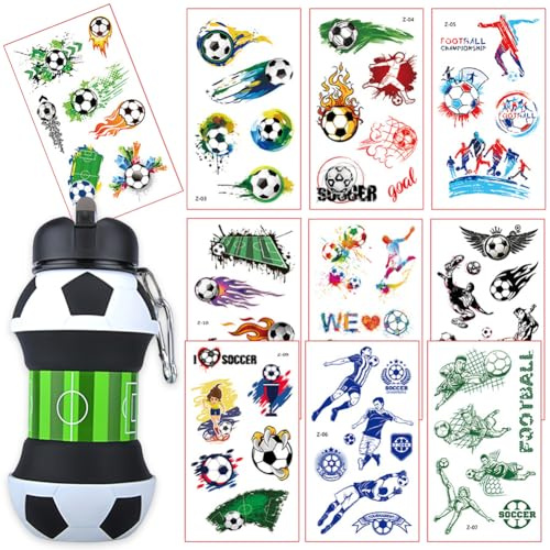 SYTTNUM Bottiglia Estiva di Calcio, Bottiglia da Calcio per Bambini, 10 Fogli Adesivi per Tatuaggi di Calcio, Pieghevole e Molto Resistente, Regalo di Compleanno per Bambini, 550ml