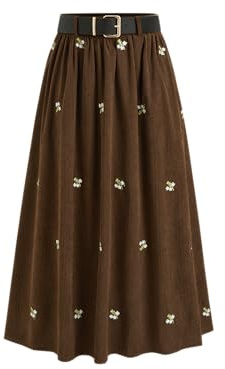 CIDER Skirts for Women Corduroy Floral Embroidery Mid Waist Ruffle Pocket A Line Maxi Skirt with Belt Brown
