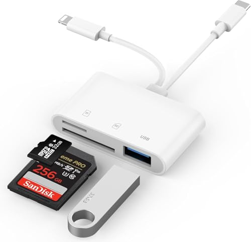 SD Card Reader for iPhone, iPad, USB C Lightning Dual Port SD Card Adapter, Memory Card Reader for Camera Adapter, Support SD, Micro SD, No App Required, Plug and Play