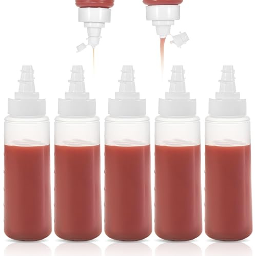 Pack of 5 Quetschflasche,Squeeze Bottles 340ml,Squeeze Flasche,Kappen mit zwei Öffnungen: 2 und 8 mm Durchmesser für eine einfache Dosierungskontrolle Hält eine Vielzahl von Saucen: Ketchup, Öle