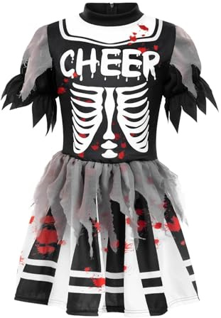 NebulaGlam Costume Cheerleader Halloween, Costume Zombie Bambina, Abito Zombie Bambina con Abito da Cheerleader, Pompon e Calzini Alti, per Carnevale,Carnevali e Feste a Tema,Halloween (L)
