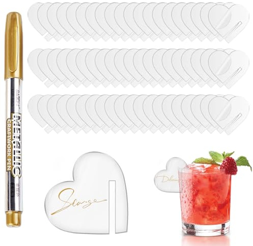 Namensschilder Acryl Herz 60 Stück Transparent Getränkemarkierer Glasrand Deko Wiederverwendbar mit Metallstift für Hochzeit Party Cocktails Kennzeichnung 4cm Größe