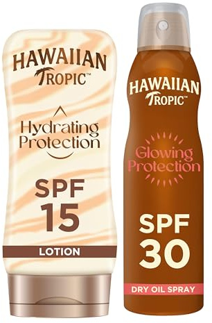 Bundle of Hawaiian Tropic Glowing Protection Sunscreen Dry Oil Spray Mist, SPF 30 UVA plus UVB Protection 180 ml + Hydrating Protection Sunscreen Lotion, SPF 15 UVA + UVB Protection Suncream 180 ml