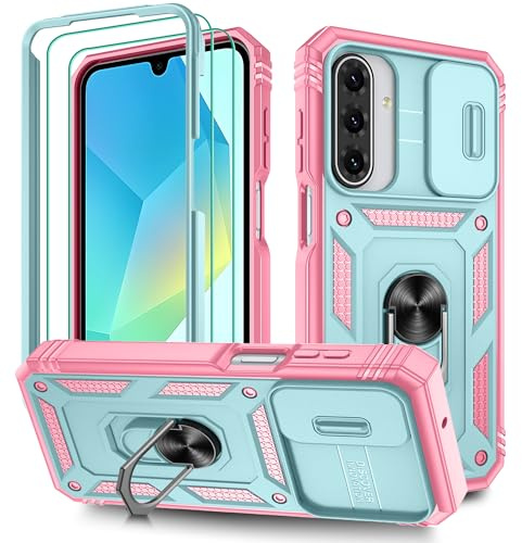 Pilaru 3 in 1 for Samsung A17/A16 Phone Case with Front Frame |2 Separate Screen Protector| Kickstand Ring & Camera Cover Military Grade Drop Shockproof Protection for Galaxy A17/A16 5G,Green/Pink