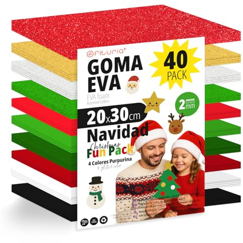 OFITURIA 40-pack EVA-gummi, julfärger, 20 x 30 cm, 10 blandade färger, för skola eller yrke, EVA-gummi (julsortiment)