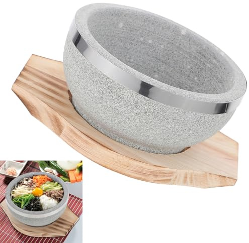 Hoement Ciotola di Pietra Coreana 14 Cm Vassoio in Legno, Set per Bibimbap e Zuppa, Resistente a Fiamme Libere, Mantiene Calore, per Cucina Tradizionale Coreana