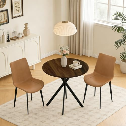 domusdisn 31.5 Round Dining Table and Chairs Set for 2, Small Dining Table Chairs Set Space-Saving, Small Dinette Sets for 2 for Kitchen Dining Room Apartment(Walnut Table + Brown Chairs)