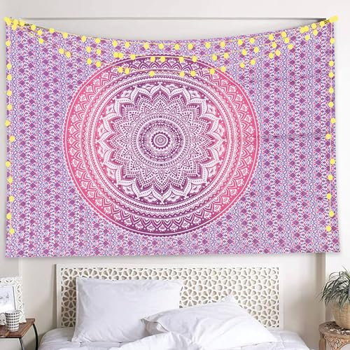 THE ART BOX Pink White Tapestry Mandala Wall Hanging, Cotton Beach Throw Blanket, Boho Decor Bohemian Bedding, Twin Bedspread 55x82 Inches