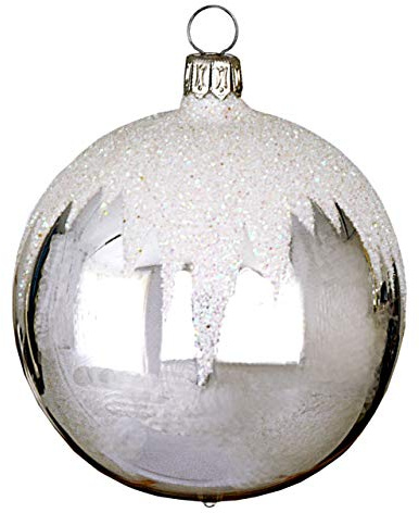 Jingle Bells Lauscha Klassischer Glas-Weihnachtsbaumschmuck Hängender Christbaumschmuck 8cm Kugel Silber mit weißem Schneedach 4 Stück pro Box