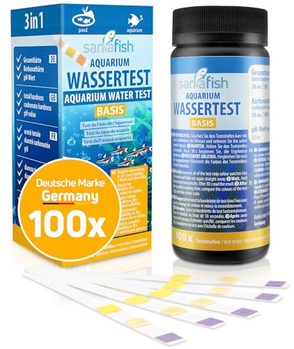 sanafish Aquarium Wassertest Basis - pH, GH, KH. 100 Wasserteststreifen in Dose. Für Aquarien und Teiche.