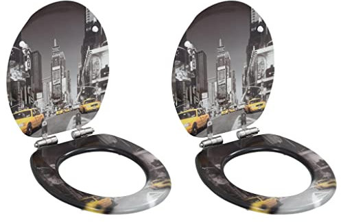 vidaXL 2x Toilettensitz mit Soft Close Deckel New York-Design WC Sitz Brille Toilettendeckel Deckel Klodeckel Klobrille Toilettenbrille Klositz MDF