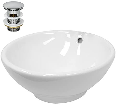 ECD Germany Vasque à Poser Lavabo Salle de Bain - Ø 420x170 mm - en Céramique - Ovale - Blanc - avec Kit de Vidange sans Trop-Plein - Lavabo à Poser sur Meuble Salle de Bain - Design Moderne