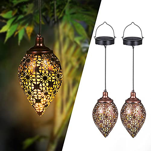2 lanterne solari per esterni, in metallo, per esterni, con IP44, impermeabile, luce bianca calda, LED orientali, per esterni, da appendere, per giardino, balcone, terrazza, Natale