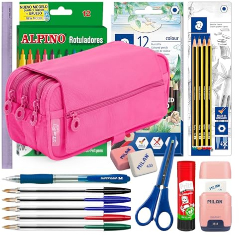 PracticDomus ColePack – Federmäppchen für die Schule, 3 Fächer, dreifaches Mäppchen mit erstklassigem Material, Dreifach Limette, Schultaschen (Fuchsie)