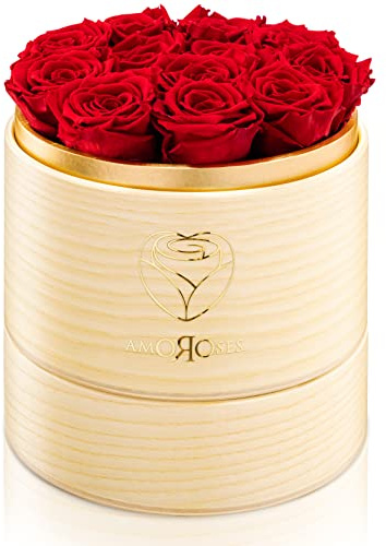 Amoroses Superior 12 echte stabilisierte Rosen mit handgefertigter Hutschachtel aus Holz - Blumenstrauß zum Valentinstag (Natürliche Schachtel mit roten Rosen)