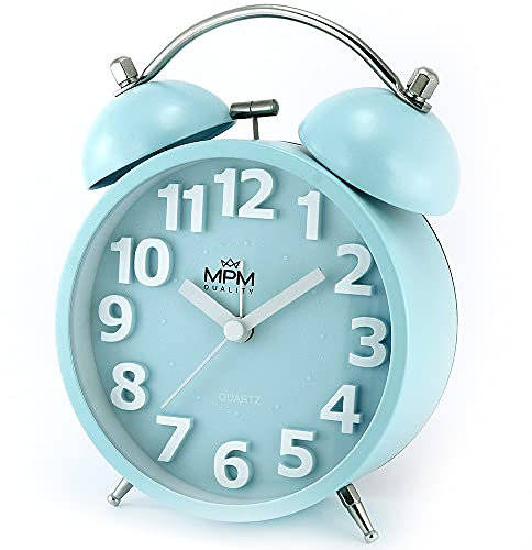 MPM Quality Design Metallwecker in trendigen Pastellfarben, Blau, 3D-Zifferblatt, Quarz-Uhrwerk Sweep, Lichtfunktion, Analog, Klassisches Klingeln, weckt selbst die größten Schläfer