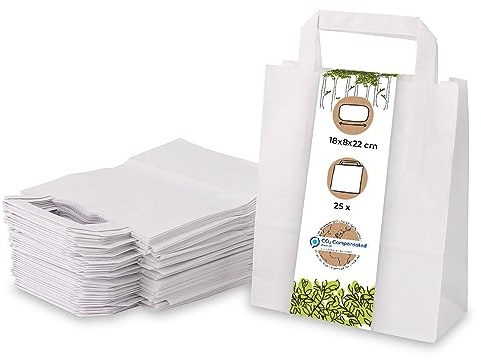 BIOZOYG 25x Papiertragetaschen 18 x 8 x 22 cm - weiße Papiertüten mit Henkel Einkaufstüten - Papiertaschen Geschenktüten Tragetaschen Kraftpapier
