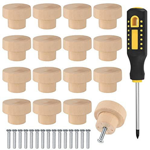Vwoqiy 16 Pièces Boutons de Tiroir en Bois, 35mm Poignée Boutons de Porte de Meuble Bois Ronds de Placard pour Cuisine Bureau Armoire Commode Tiroir