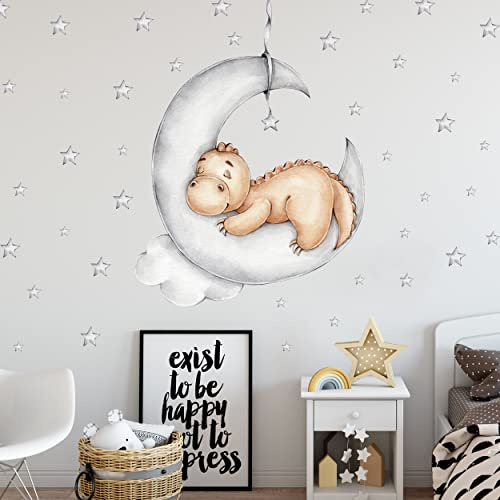 WANDKIND Dino auf dem Mond Wandtattoo V323 | handgezeichnet | AUFKLEBER Kindergarten | Wandsticker Kinderzimmer Dinosaurier mit Sterne Wolken Baby Saurier (75 x 99 cm)