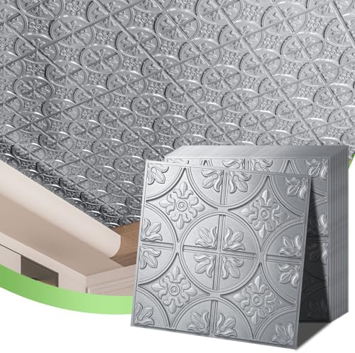 Art3d Pack of 12 Drop Ceiling Tiles 2x2, Glue-up Ceiling Panel, Suspended Ceilings Tiles Fancy Classic Style Argent Silver | PVC, Lightweight, Waterproof, Easy to Wipe Clean, Compatible with Grid System, Suitable for Kitchen, Bathroom, Basement