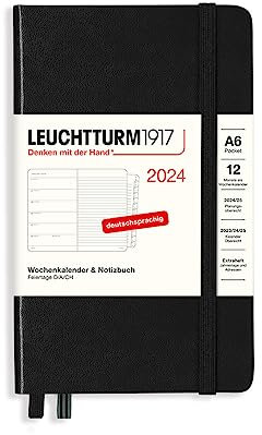 LEUCHTTURM1917 367746 Wochenkalender & Notizbuch Pocket (A6) 2024, mit Extraheft für Adressen und Jahrestage, Schwarz, Deutsch, 12 Monate