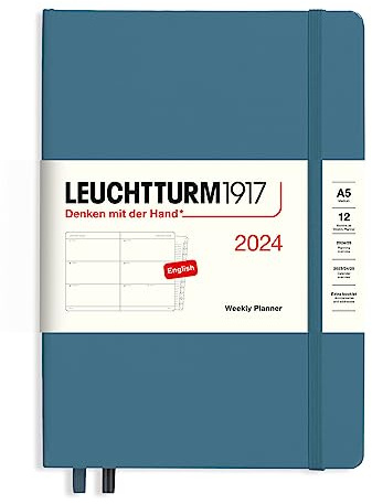 LEUCHTTURM1917 367620 Wochenkalender Medium (A5) 2024, 12 Monate, Stone Blue, Englisch