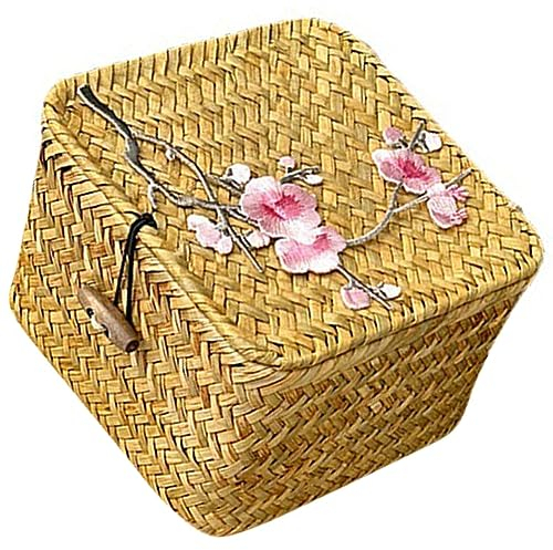 Panier de Rangement Tressé Beige Couvercle, Osier et Paille