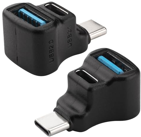 Leehitech 2 Pack 100W USB C Branch Adapter, 10Gbps 2 in 1 Right Angle USB C Male to (USB 2.1 A Female+USB 3.1 C Female) Splitter 20V/5A Safe Charging for iPhone 16/15, MacBook, Laptops, Tablets