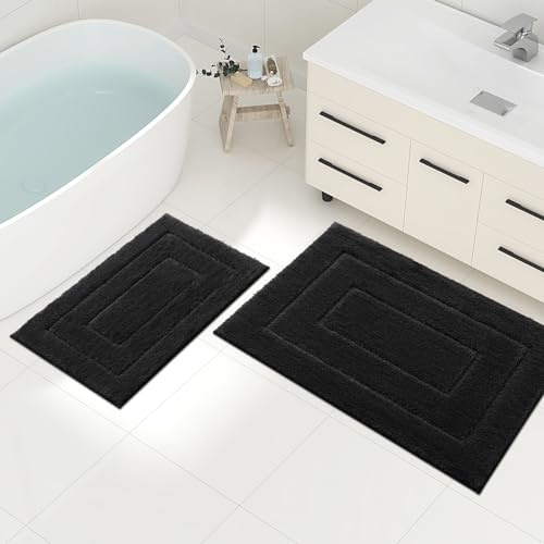 Homaxy Mikrofaser Badezimmerteppich Set - 40x60 cm + 50x76 cm, Schwarz | weich gefühl, flauschig bequem, rutschfeste TPR-rückseite, maschinenwaschbar, grpßartig wasserabsorbierend, breite anwendung