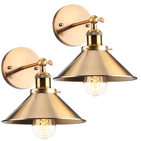 2 Stück Wandleuchte Innen Vintage Wandlampe Industrial E27 Wandstrahler Innenbeleuchtung 240° Verstellbare 22CM Metal Wandleuchten für Schlafzimmer Wohnzimmer Treppen Esszimmer (Alles Gold)