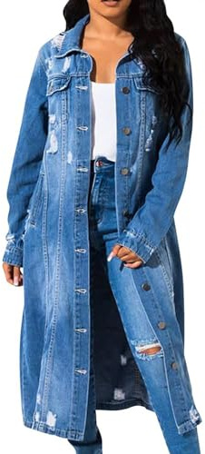 Agiyenna Giacca di Jeans da Donna Giacca di Jeans Lunga ed Elegante Giacca di Transizione Vintage Strappata Monopetto in Denim Giacca Casual con Bottoni