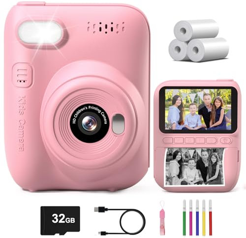 Gofunly Sofortbildkamera Kinder, 3.0 Zoll Bildschirm Kinderkamera Sofortbildkamera mit 32GB Karte & Druckpapier, 14MP/1080P Kamera Kinder Sofortdruck, Geschenk für 3-12 Jahren (Rosa)