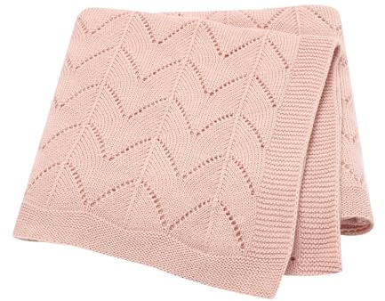 Babydecke, 100 % Baumwolle, gestrickt, Babydecke, atmungsaktiv, Kinderwagen/Reise/Babykorb für den Außenbereich, 100 x 80 cm, Rosa 1