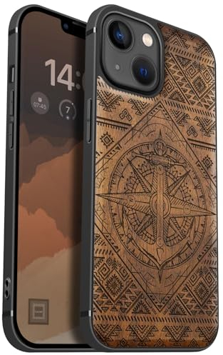 Carveit Coque magnétique pour iPhone 13 Coque Bois Cover, Bois Etui de téléphone Antichoc Compatible Magsafe avec Apple 13 Case (Noyer-Zendoodle Géométrie Nautique)