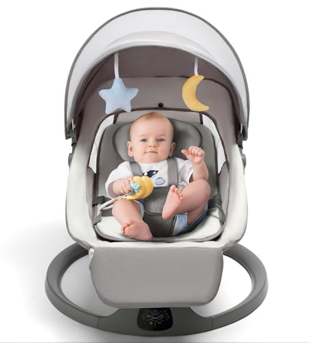 Babywippe Elektrisch, elektrische Babyschaukel, 0 bis 12 kg, mit Wiegenlied 5 Schaukelgeschwindigkeiten Liegestuhl 3 Timer,Speiseteller, Bluetooth, Fernbedienung, faltbar, 5-Punkt-Sicherheitsgurt