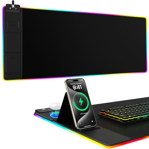 Mouse Pad with Phone Holder, Wireless Charging Desk Mat, RGB Gaming Mousepad Home Office Large Desk Pad with Ultra-Smooth Surface, Non-Slip Base, Waterproof Keyboard Pad, Classic Black Desk Mat