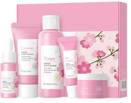NAOLVE Sakura Gesichtspflege Set, Hauttäglich Hautpflege Set für Gesicht Reinigung & Pflege, Skincare Set für Teenager-Mädchen und Frauen, inklusive Cleanser, Serum, Toner, Augencreme, Gesichtscreme